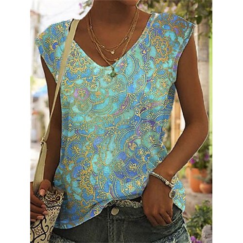 

Damen Tank Top Grün Graphic Bedruckt Ärmellos Casual Wochenende Basic V Ausschnitt Standard S