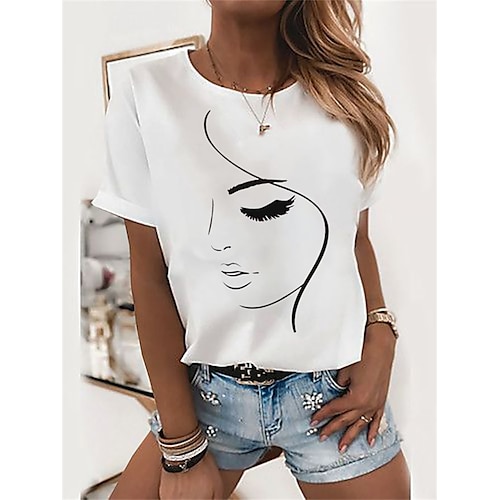 

Damen T Shirt Weiß Porträt Bedruckt Kurzarm Täglich Wochenende Basic Rundhalsausschnitt Standard Abstrakt Portrait Farbe S