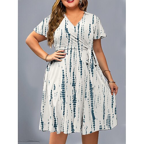 

kvinders plus size afslappet sweaterkjole a line sweaterkjole grafisk midi sweaterkjole kortærmet snøreprint v-hals mode udendørs hvid grå sommer forår l xl xxl 3xl 4xl