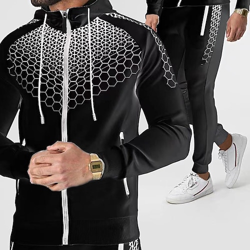 

Homme Ensemble Survetement Ensemble de sweats à capuche Sweat à capuche zippé Rouge noir Noir Blanche Jaune Rouge Col Ras du Cou Graphic Géométrique 2 Pièces Imprimer Sport Loisir Casual Des