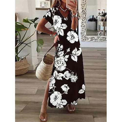 

Per donna Abito lungo Abito lungo Abito casual Abito stampato Floreale Di tendenza Streetwear Esterno Giornaliero Per uscire Spacco Stampa Manica corta A V Vestito Standard Nero Estate Primavera S M