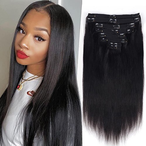 

clip in hair extensions fyldig og tykk 14 tommer brasiliansk silkeaktig rett hår extensions klips i menneskehår for svarte kvinner naturlig svart 8 stk med 18 klips per sett 120 gram