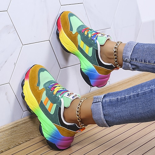 Women's Rainbow Chunky Sneakers – Colorful Mesh Lace-Up Sports