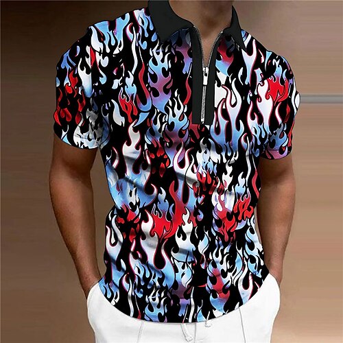 

Herre Zip Polo POLO Trøje Golftrøje Hjerte Grafiske tryk Flamme Aftæpning Rød Blå udendørs Gade Kort Ærme Lynlås Trykt mønster Tøj Mode Designer Afslappet Åndbart