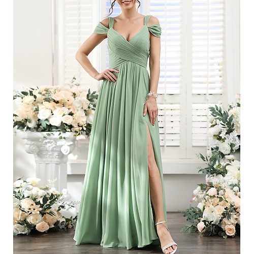 

A-linje Brudepikekjole V-hals Kortermet Elegant Gulvlengde Chiffon med Delt front / Ruchiing 2022