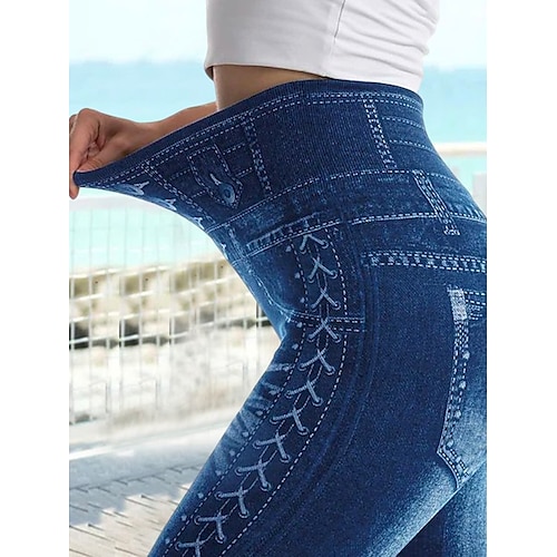 

Women's Tights Pants Trousers Full Length Faux Denim Stretchy High Waist Fashion Casual Weekend Black Blue S M
