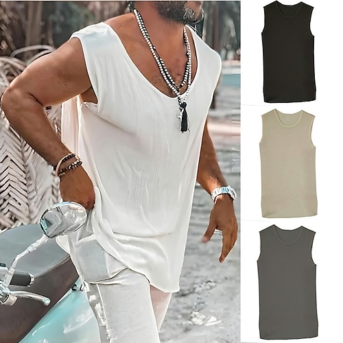 

Per uomo camicia di lino Camicia estiva Camicia da spiaggia Nero Bianco Cachi Senza maniche Liscio Girocollo Estate Informale Giornaliero Abbigliamento