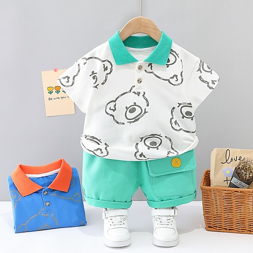 

2 Dele Baby Drenge T-shirt & Shorts Outfit Dyr Tegneserie Kortærmet Sæt Skole Sød Stil Daglig Sommer Forår 3-7 år Hvid Navyblå