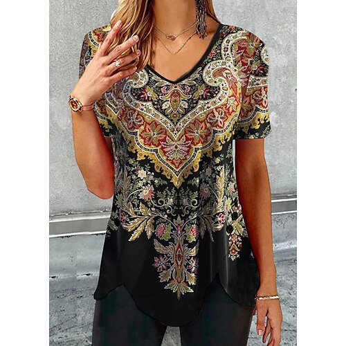 

Chemise Chemisier Femme Noir Floral Imprimer Manche Courte Vacances Fin de semaine basique Col V Normal Standard Fleur S