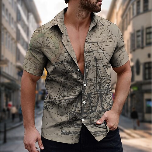 

Hombre Camisa Estampados Cosecha Velero Cuello Vuelto Azul Piscina Caqui Exterior Calle Mangas cortas Abotonar Estampado Ropa Moda Ropa de calle Design Suave