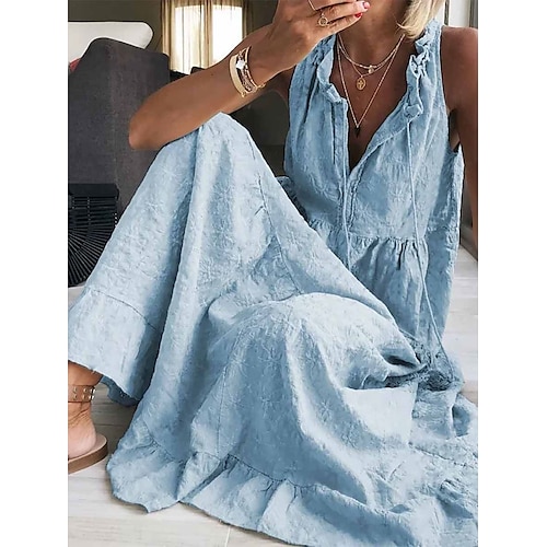 

Dame Uformell kjole Tankkjole Vanlig kjole عادي Rynket V-hals Maxikjole Grunnleggende Moderne Daglig Ferie Ermeløs Normal Blå Sommer Vår S M L XL 2XL