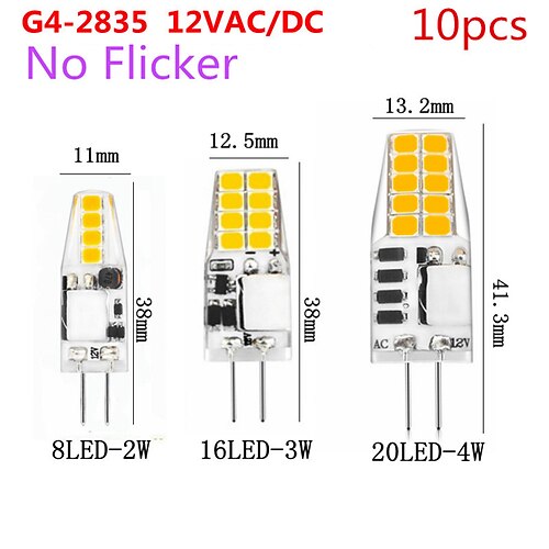 

10pcs sem cintilação g4 lâmpada led ac dc12v sem cintilação 2835 smd 8led 16led 20led substituição halogênio mini contas de lâmpada de milho