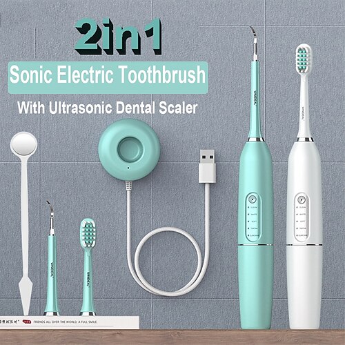 

2 i 1 ultralyd tannrengjøringssett vanntett tannstein tann kaffe flekker røkte tenner tannplakk kalkulus ultralyd sonisk dental scaler usb tannbørste tannrenser bleke tenner tannstein fjerne verktøy