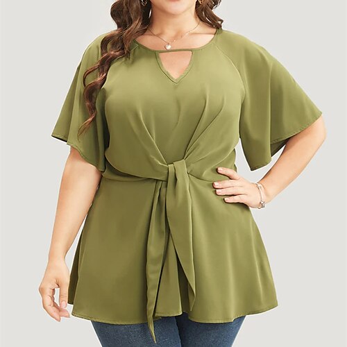 

Chemise Chemisier Femme Vert Plein Lacet Manche Courte Casual basique Col V Normal Standard Grande Taille L