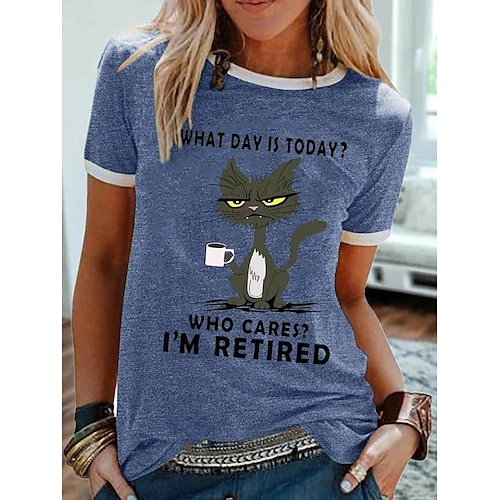 

Mujer Camiseta Blanco Amarillo Azul Piscina Gato Letra Estampado Manga Corta Diario Fin de semana Básico Escote Redondo Regular Gato Pintura S