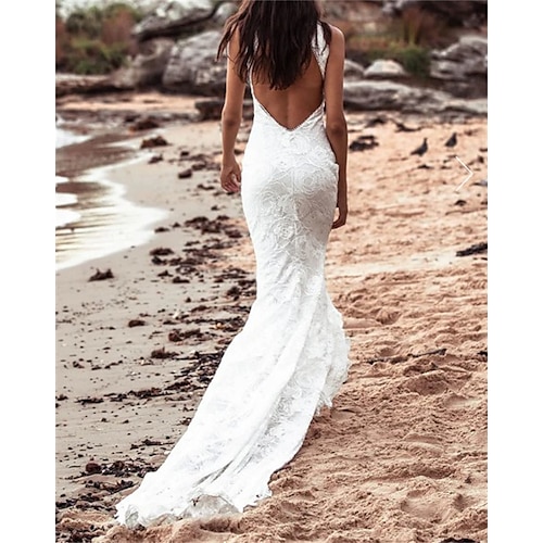 

Spiaggia / Destinazione Schiena scoperta Boho Abiti da sposa Strascico da cappella A sirena Senza maniche All'americana Di pizzo Con Con applique Tinta unita 2023 Abiti da sposa