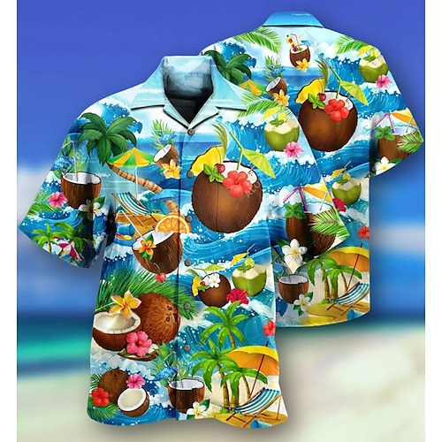 

Men's Shirt Summer Hawaiian Shirt Graphic Prints Palm Tree Turndown Sky Blue Green Casual Hawaiian Short Sleeve Button-Down Print Clothing Apparel Tropical Fashion Hawaiian Soft