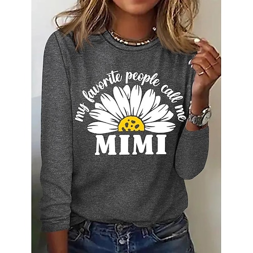 

Mulheres Camiseta Preto Vermelho Azul Mãe Letra Imprimir Manga Longa Feriado Final de semana Básico Engraçado Decote Redondo Padrão Tema Flores Pintura S