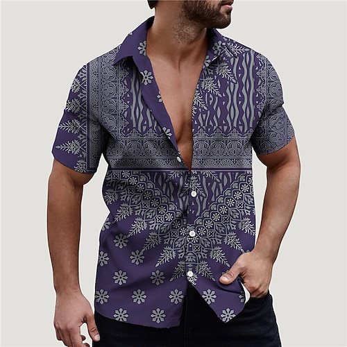 

Men's Shirt Floral Graphic Prints Vintage Turndown Dark Green Purple Street Casual Short Sleeves Button-Down Print Clothing Apparel Tropical Fashion Boho Streetwear