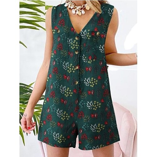 

Women's Romper Button Print Floral V Neck Casual Street Daily Regular Fit Sleeveless White Yellow Navy Blue S M L Summer