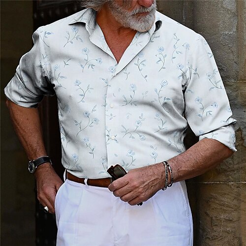 

Hombre Camisa Floral Estampados Cuello Vuelto Azul Piscina Marrón Exterior Calle Manga Larga Abotonar Estampado Ropa Moda Ropa de calle Design Suave