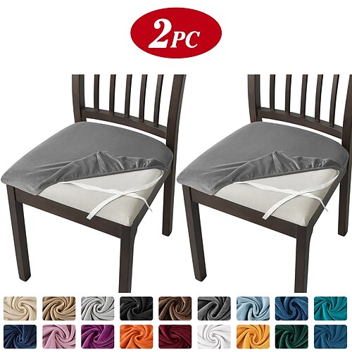 

2 Pcs Velvet Dining Chair Seat Cover Stretch Fitted Dining Room Upholstered Chair Seat Cushion Cover Removable Washable Furniture Protector Slipcovers with Ties