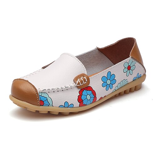 

Dame Slip-Ons Komfort Sko utendørs Daglig Flat hæl Rund Tå Fritid minimalisme Lær Tøfler Blomstret Svart Hvit Gul