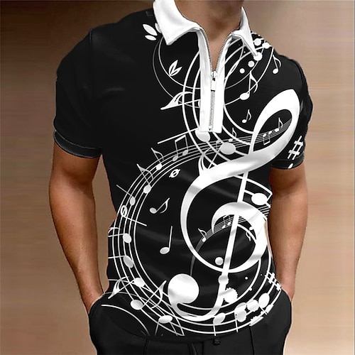 

Men's Polo Shirt Zip Polo Golf Shirt Graphic Prints Music Notes Turndown Black White Wine Navy Blue Green Outdoor Street Short Sleeves Zipper Print Clothing Apparel Fashion Designer Casual Breathable