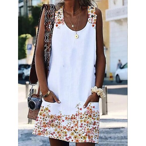 

Dame Afslappet påklædning Skift Kjole Tank Top Kjole Blomstret Lomme Trykt mønster U-hals Mini kjole Mode Moderne udendørs Daglig Uden ærmer Regulær Hvid Sommer Forår S M L XL XXL