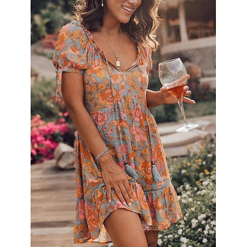 

Per donna Vestito casual Abito estivo Abito boho Floreale Con balze Collage A V Mini abito Di tendenza Moderno Giornaliero Per eventi Manica corta Morbido Arancione Estate Primavera S M L XL XXL