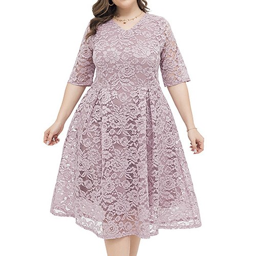 

kvinders plus size flatterende kjoler elegant æbleformet kjole bryllup gæstefest kjole blondekjole sommerkjole ensfarvet midikjole halværmet blonde v-hals mode fest sort pink