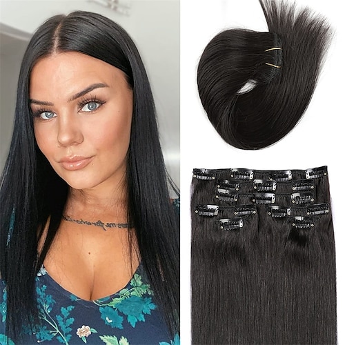 

clip in hair extensions sort ægte menneskehår extensions clip ins double weft soft straight 22 tommer #1b sort hår clip in extensions til sorte kvinder 70g 7 stk.