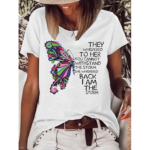 

T shirt Tee Femme Noir Blanche Rose Claire Papillon Texte Imprimer Manche Courte du quotidien Fin de semaine basique Col Rond Normal Standard Papillon Peinture S