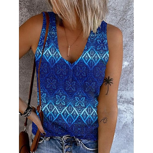 

Damen Tank Top Rote Blau Grün Geometrisch Bedruckt Ärmellos Casual Wochenende Basic V Ausschnitt Standard Geometrisch S