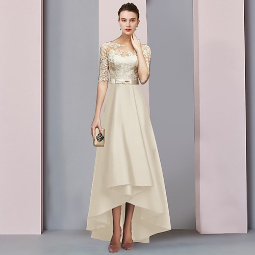 

A-linje Kjole til brudens mor Formell Bryllupsgjest Elegant Asymmetrisk lengde Øsehals Asymmetrisk Te-lengde Sateng Blonder Halvlange ermer med Sløyfe(r) Appliqué 2023
