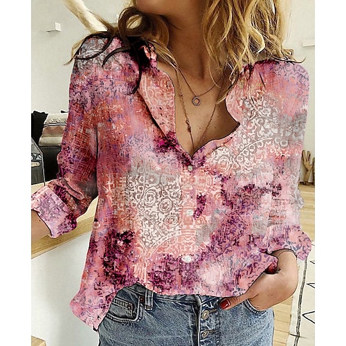 

Women's Shirt Blouse Pink Blue Purple Graphic Button Print Long Sleeve Casual Basic Shirt Collar Regular S