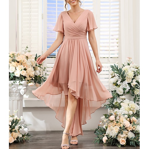 

A-linje Brudepikekjole V-hals Kortermet Rosa Asymmetrisk Chiffon med Ruchiing / Ensfarget 2022