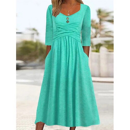 

Women's Casual Dress Summer Dress Pleated Dress Plain Ruched Button V Neck Midi Dress Fashion Basic Outdoor Daily Half Sleeve Loose Fit Dark Green Green Summer Spring S M L XL XXL