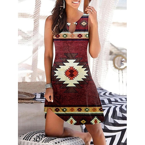 

Dame Afslappet påklædning Etnisk kjole Tank Top Kjole Geometrisk Tribal Udskæring Trykt mønster Rund hals Mini kjole Mode Gade udendørs Gade Uden ærmer Regulær Vin Rød Lysebrun Sommer Forår S M L XL
