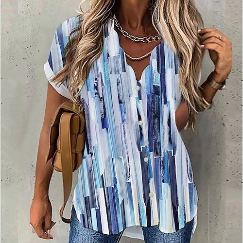 

Damen Hemd Bluse Weiß Gelb Blau Blumen Batik Taste Bedruckt Kurzarm Casual Festtage Basic V Ausschnitt Standard Blume S