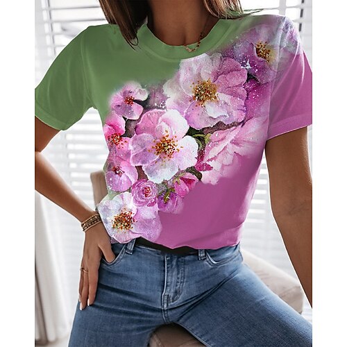 

T shirt Tee Femme Rose Claire Floral Imprimer Manche Courte Vacances Fin de semaine basique Col Rond Normal Standard Fleur Peinture S