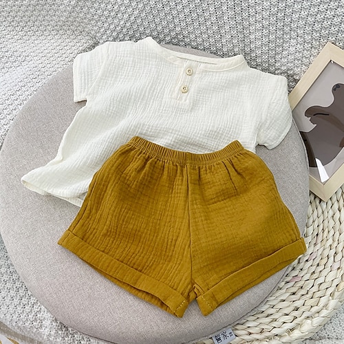 

2 Dele Baby Drenge T-shirt & Shorts Outfit Helfarve Kortærmet Sæt udendørs Mode Daglig Sommer Forår 3-7 år Blå Beige