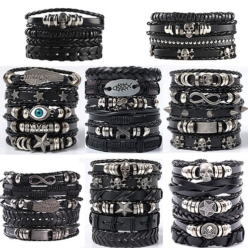 

set da uomo in maglia fai da te bracciale in pelle vendita calda testa di teschio con perline combinazione stile punk handwear in europa e in america