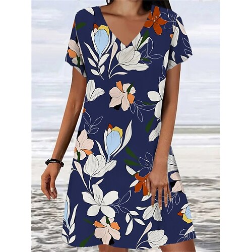 

abito maglione casual da donna abito maglione estivo stampa abito maglione grafica stampa floreale scollo a v mini abito maglione moda moderna vacanza quotidiana manica corta vestibilità ampia blu