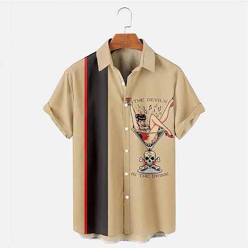 

Homens Camisa Social Camisas havaianas vintage Caveiras Estampas Abstratas Vintage Hula Girls Aberto para a Lateral Cáqui Ao ar livre Rua Manga Curta Imprimir Roupa Moda Roupa de rua Designer Macia