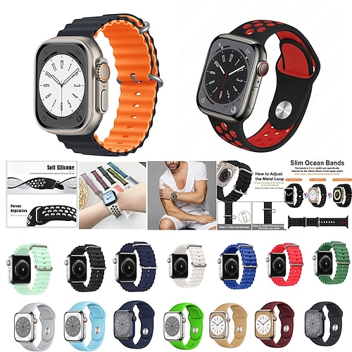 

6 pak Sportsrem Ocean Band Kompatibel med Apple Watch urrem 38mm 40mm 41mm 42mm 44mm 45mm 49mm Elastisk To tone Justerbar Blød silikone Udskiftning af urrem til iwatch Series Ultra 8 7 6 5 4 3 2 1 SE