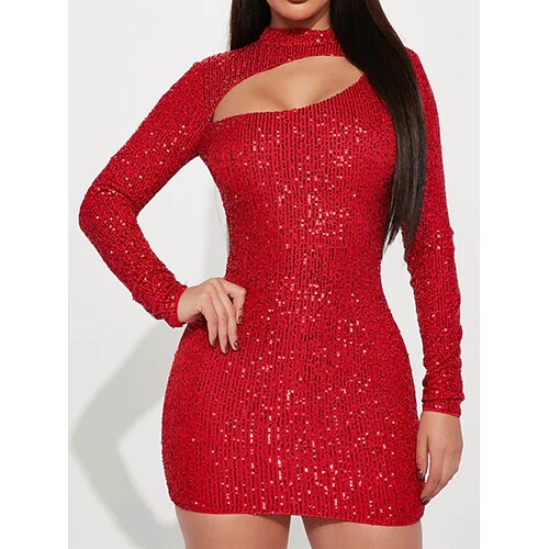 

Per donna Vestito da festa Abito con paillettes Abito da cocktail Mini abito Rosso Manica lunga Colore puro Con lustrini Primavera Autunno Inverno Collo alto Di tendenza Vestito invernale Compleanno