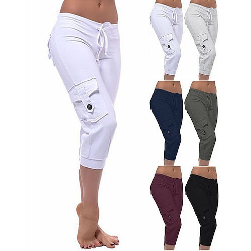 

Women's Capri Pants Drawstring Multiple Pockets Yoga Fitness Gym Workout Bottoms Black White Burgundy Sports Activewear Micro-elastic Slim