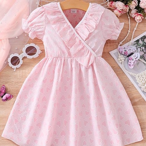 

Bambino Da ragazza Vestito Con cuori Abito linea A 60-70 cm Vestito Esterno Con balze A V Manica corta Giornaliero Vestito 3-7 anni Estate Rosa Verde