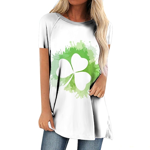 

Damen T Shirt Gras-Grün Weiß Hellgrün Blatt Bedruckt Kurzarm Festtage Wochenende St. Patricks Day Rundhalsausschnitt Lang Blume Farbe S